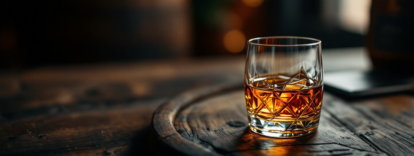 Glas Whisky mit Eis neben einer Flasche auf dunklem Holz